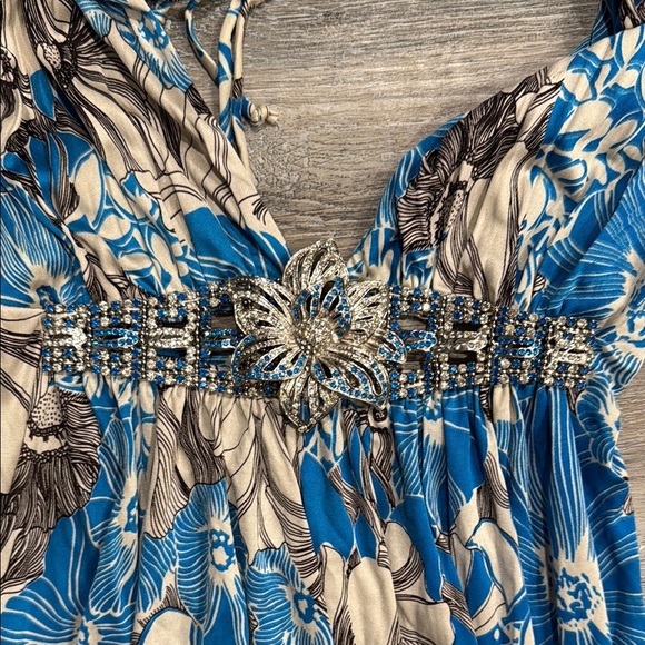 NWOT Sky Floral Blue and Brown Maxi Dress sz s - Picture 2 of 5